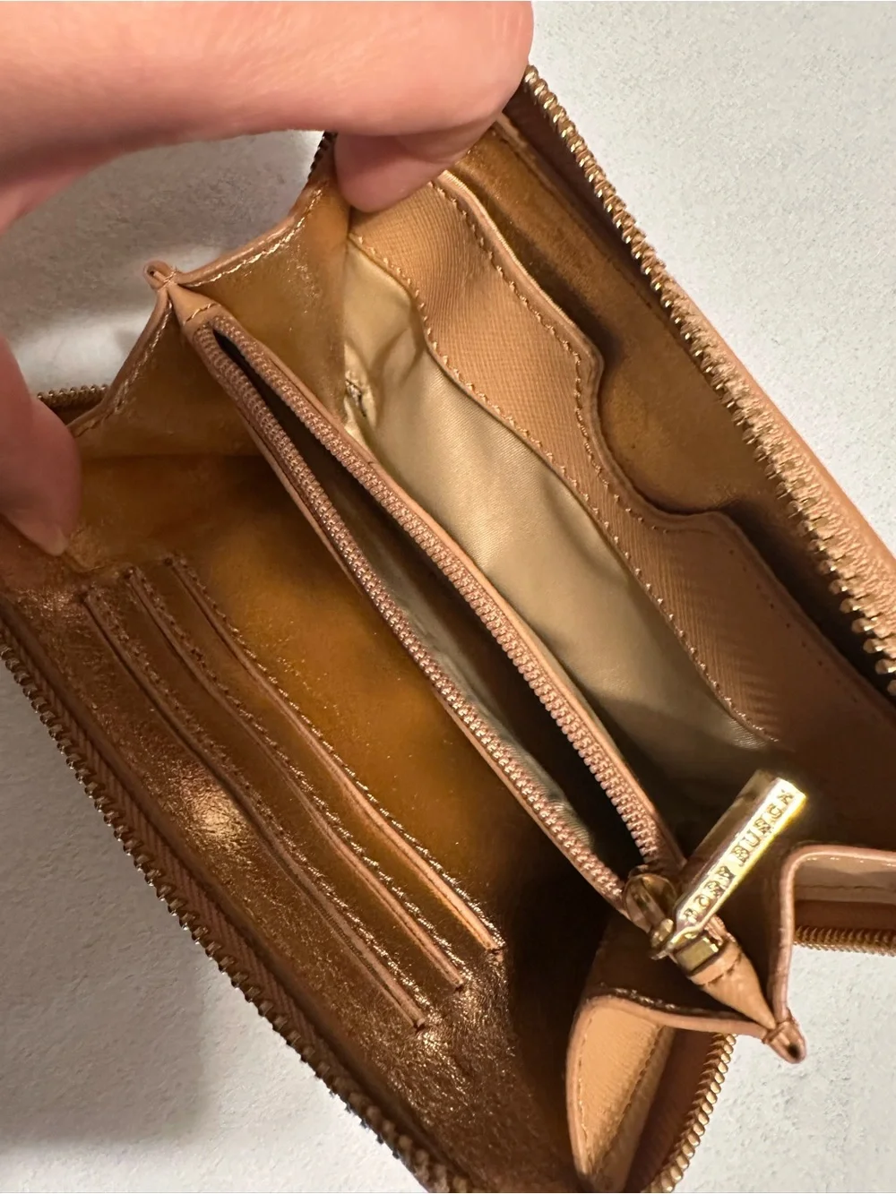 Tory Burch Beige Saffiano Leather Zip Card Holder